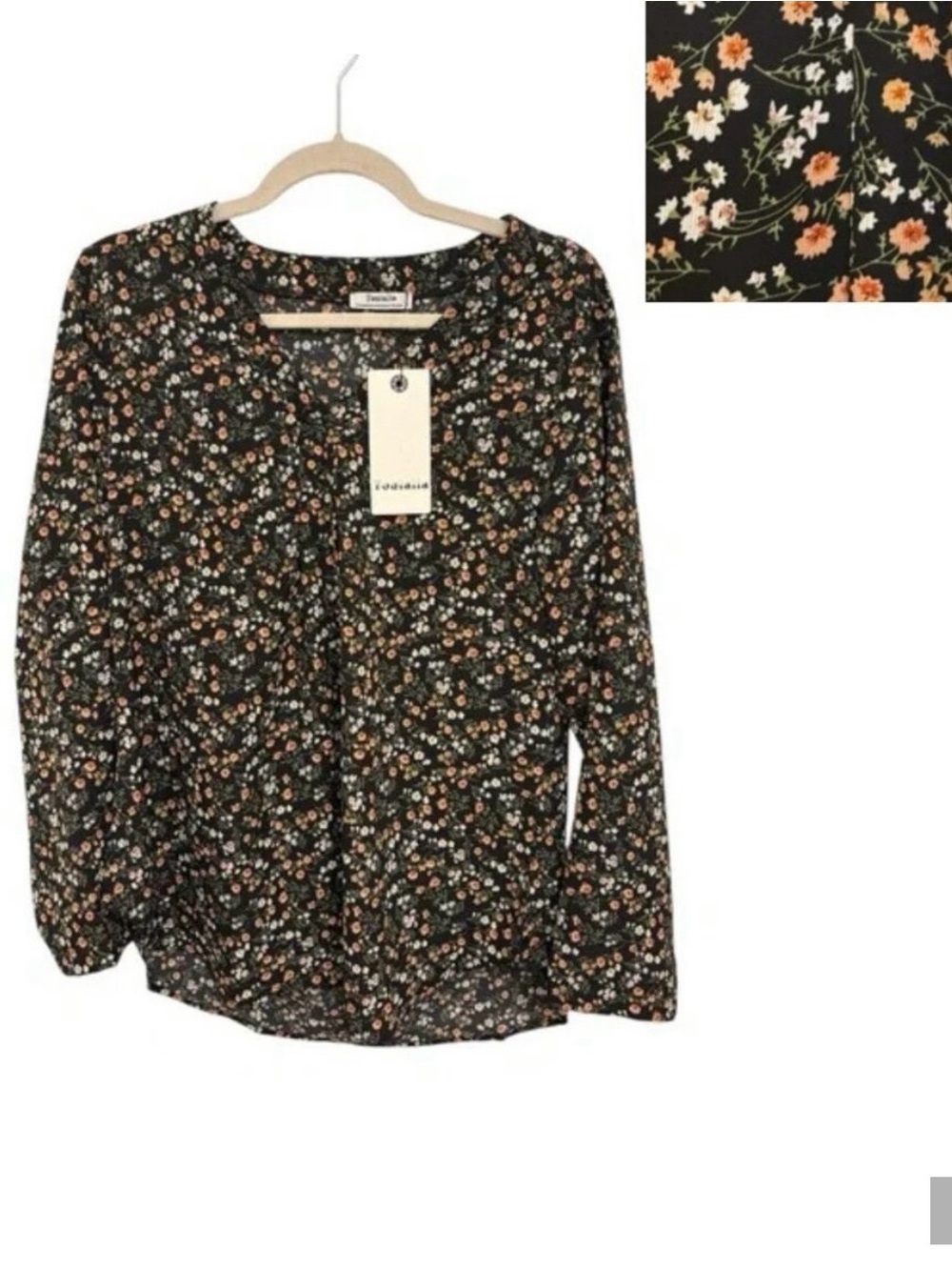 Youtalia Black Floral Long Sleeve Blouse Feminine Work Everyday Top NWT Medium